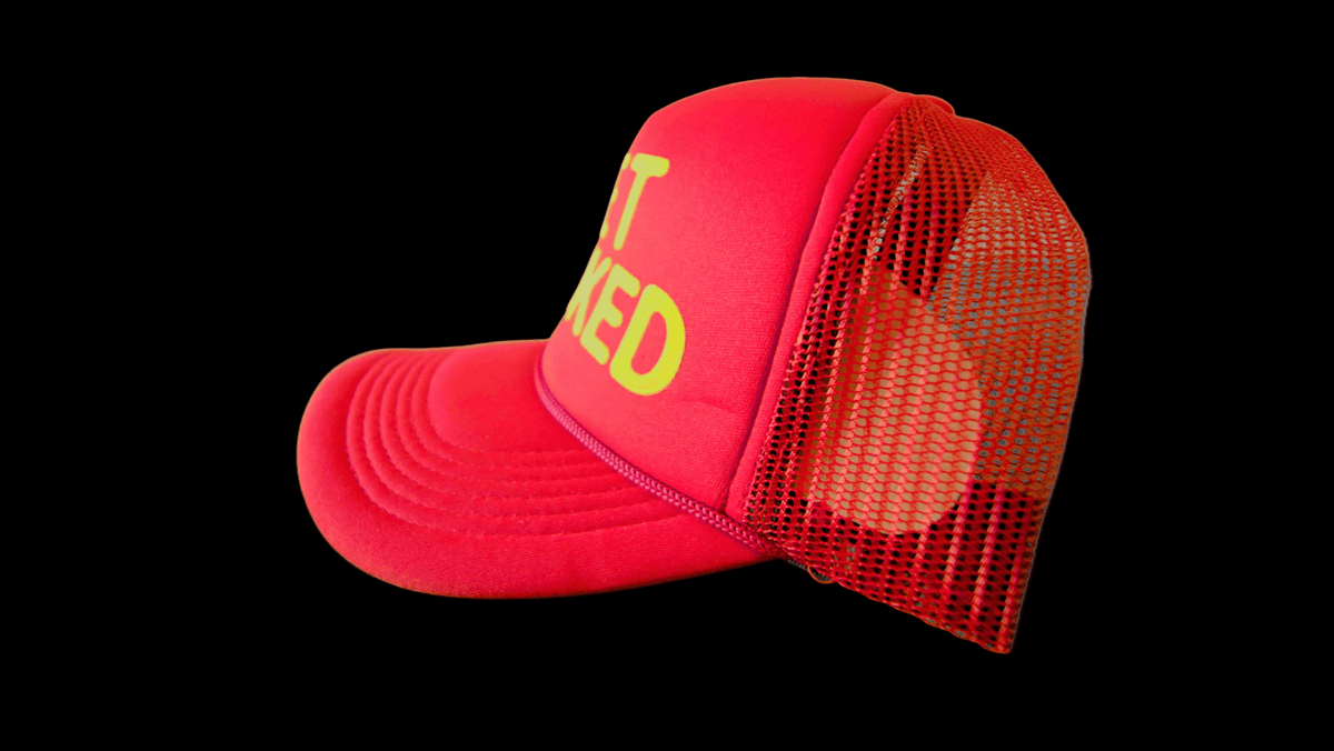 Right side view of red GET SMOKED trucker hat, Persona 5 inspired anime hat