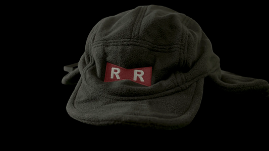 Red Ribbon trapper hat in black fleece with red RR patch, Dragon Ball inspired anime hat